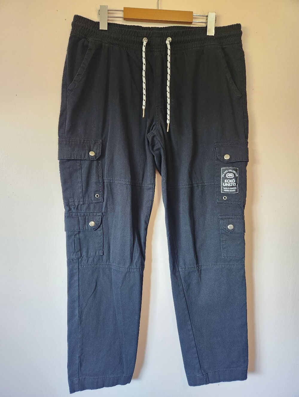 Ecko Unltd Mens Black Drawstring Utility Cargo Jogger Pants Y2K Gorpcore Sz L